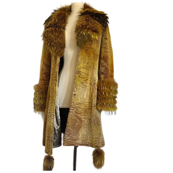 RARE vtg 1970s 100% authentic lamb skin Racoon Fur trim Yellow coat Penny lane - Picture 14 of 15